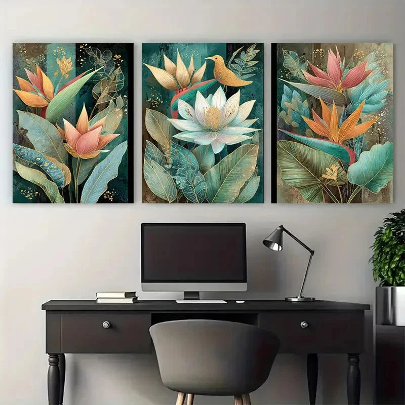 3pcs Angel Falls Venezuela Vintage Floral Wall Art Set Canvas Framed 50x70cm - High Quality Print 100% Australian Made Wall Canvas Ready to Hang - Bella Home Decor