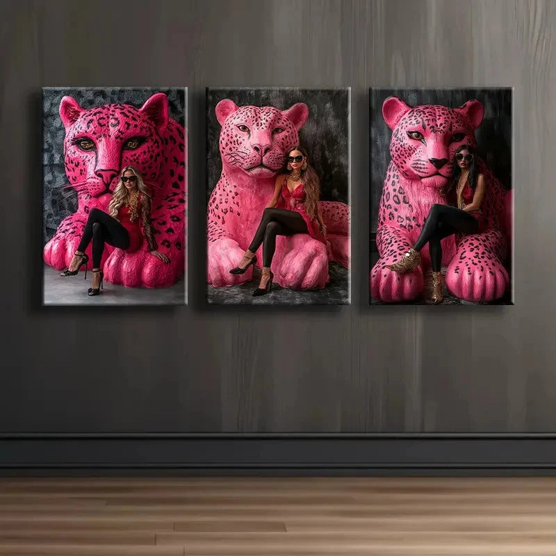 3pcs The Pink Panther And Lady Scene Wall Art Set Canvas Framed 40x60cm - High Quality Print 100% Australian Made Wall Canvas Ready to Hang