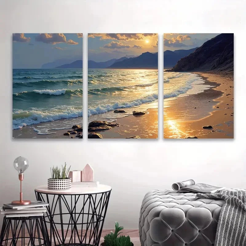 3pcs Golden Sunset Over Ocean Waves Beach Scene Wall Art Set Canvas Framed 50x70cm - High Quality Print 100% Australian Made Wall Canvas Ready to Hang - Bella Home Decor