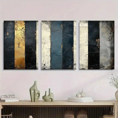 3pcs Black White & Golden Stripes Metal Print Ready to Hang Art - Bella Home Decor