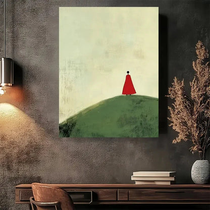 Beautiful Red Figure on Green Hill Minimalist Painting 40x60cm Metal Print Ready to Hang - Bella Home Decor
