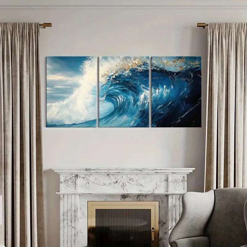 3pcs Abstract Ocean Wave Art Blue Sea Spray Metal Print Ready to Hang Art - Bella Home Decor