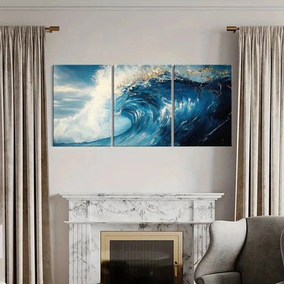 3pcs Abstract Ocean Wave Art Blue Sea Spray Metal Print Ready to Hang Art - Bella Home Decor
