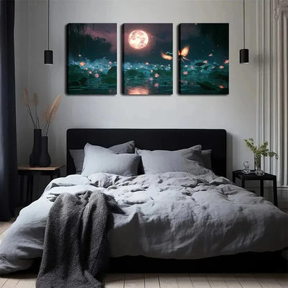 3pcs Moonlight For Lotus Blossoms Perfect Wall Art Set Canvas Framed 50x70cm - High Quality Print 100% Australian Made Wall Canvas Ready to Hang - Bella Home Decor