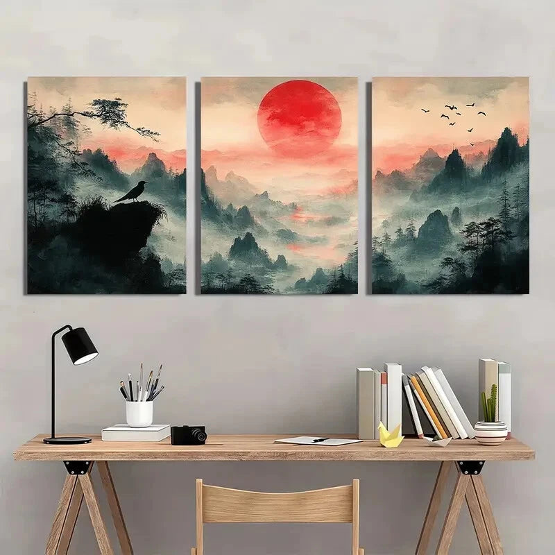 3pcs Japanese-Inspired Mountain Morning Painting Metal Print Ready to Hang Art - Bella Home Decor