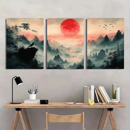 3pcs Japanese-Inspired Mountain Morning Painting Metal Print Ready to Hang Art - Bella Home Decor