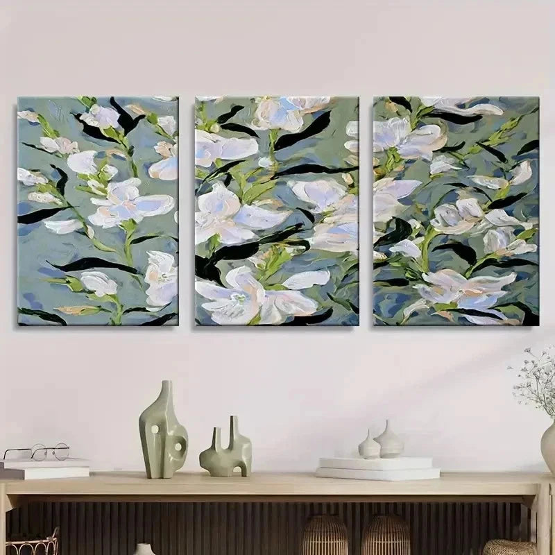 3pcs White Floral with Blue Green Abstract Wall Art Set Canvas Framed 50x70cm - High Quality Print 100% Australian Made Wall Canvas Ready to Hang