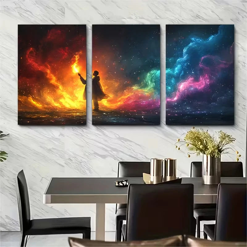 3pcs Boy Holding Flare in Darkness Rainbow Smoke Metal Print Ready to Hang Art - Bella Home Decor