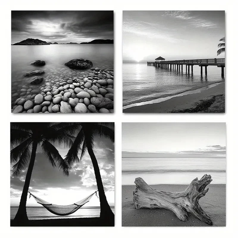 4pcs Black And White Beach Sunrise On Sea Scener Wall Art Canvas Framed