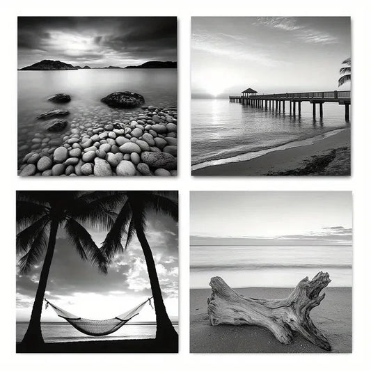 4pcs Black And White Beach Sunrise On Sea Scener Wall Art Canvas Framed