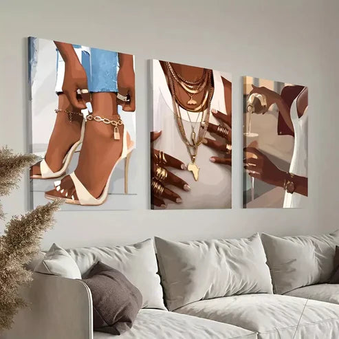 3pcs Fashionable Black Women With Heel Rings & Wine Glass Wall Art Canvas Unframed - High Quality Print 100% Australian Made Wall Canvas