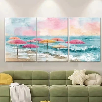 3pcs Pink Umbrellas & Ocean Waves Wall Art Set Canvas Framed 50x70cm - High Quality Print 100% Australian Made Wall Canvas Ready to Hang