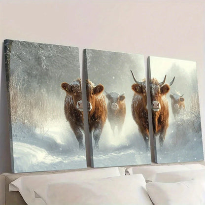 3pcs Scottish Highland Cattle Winter Scene Wall Art Set Canvas Framed 50x70cm - High Quality Print 100% Australian Made Wall Canvas Ready to Hang