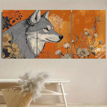 3pcs Nouveau gray wolf sideways with floral Wall Art Set Canvas Framed 60x90cm - High Quality Print 100% Australian Made Wall Canvas Ready to Hang