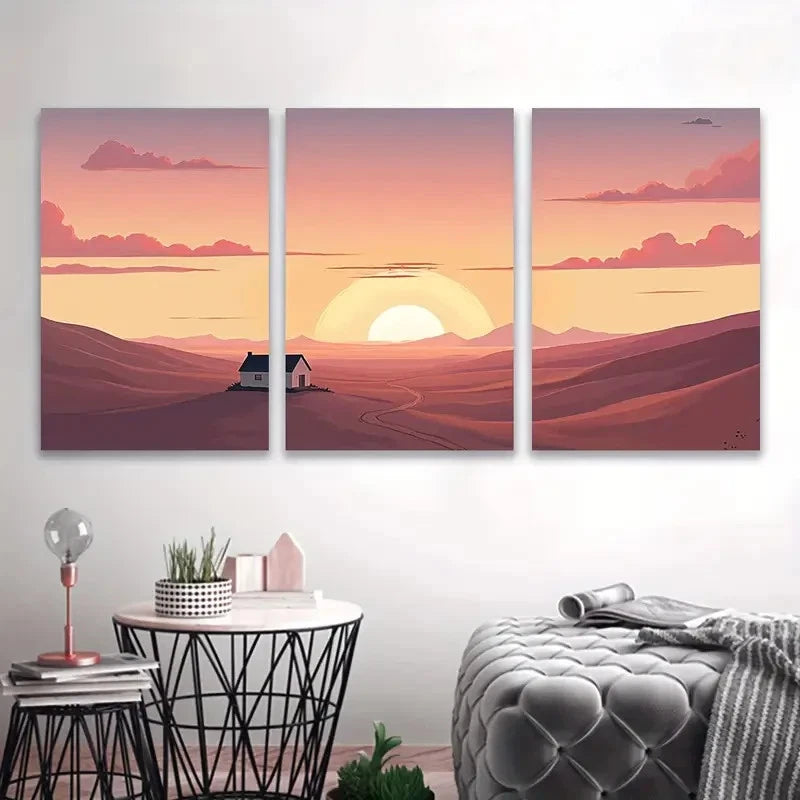 3pcs Serene Desert Sunset Landscape with Cacti Wall Art Set Canvas Framed 50x70cm - High Quality Print 100% Australian Made Wall Canvas Ready to Hang