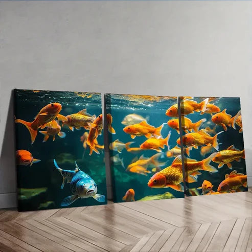 3pcs Featuring Goldfish in an Aquarium Wall Art Set Canvas Unframed - High Quality Print 100% Australian Made Wall Canvas