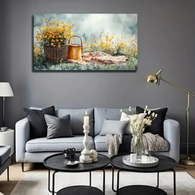 Flat Yellow Flowers The Meadow Wall Art Canvas Office Home Room Framed 120x60cm