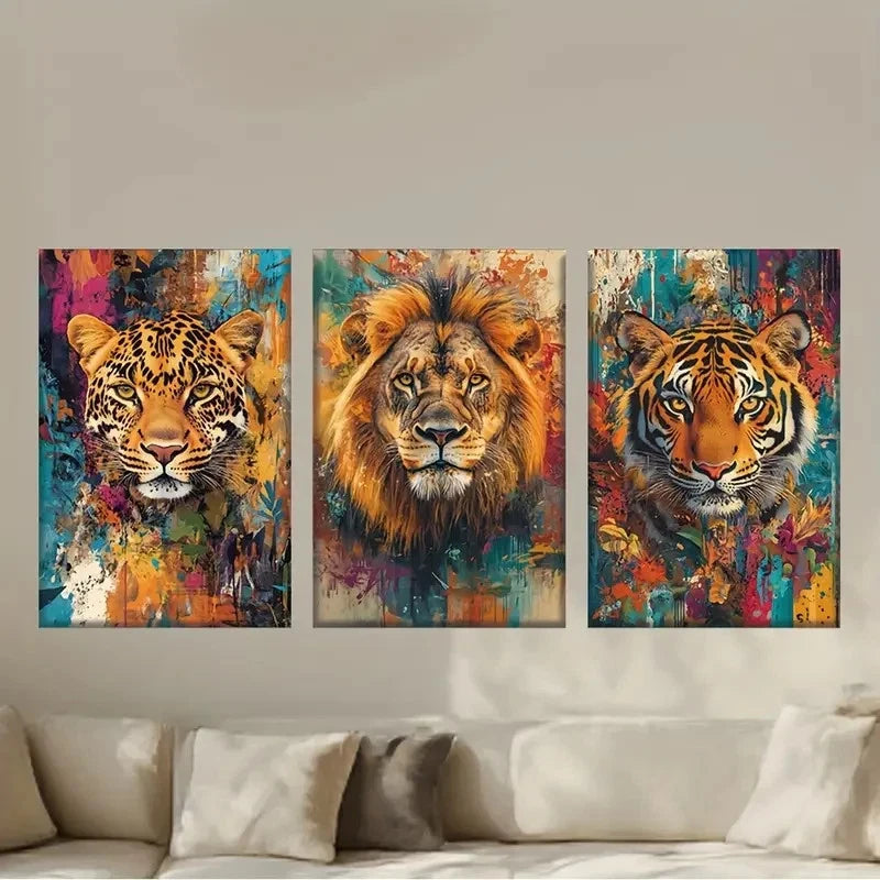 3pcs Vivid Animals Lions Tigers Leopards Metal Print Ready to Hang Art