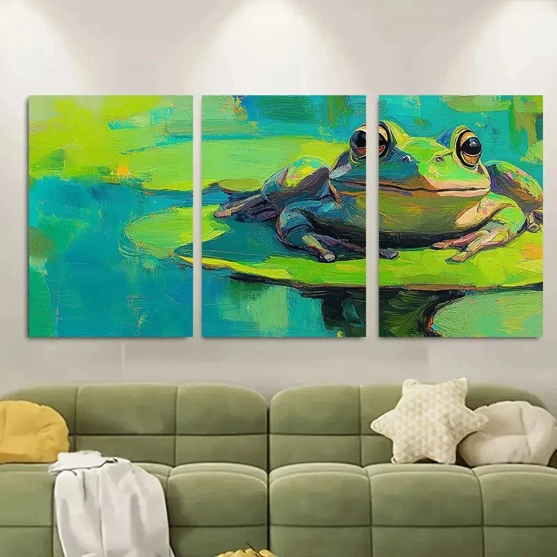 3pcs Frog Resting On Lily Pad In Pond Metal Print Ready to Hang Art - Bella Home Decor