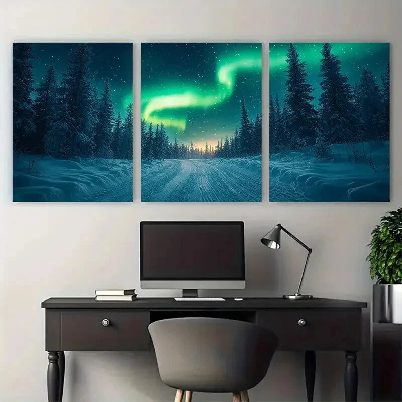 3pcs Northern Lights Vibrant Green Over Snowy Metal Print Ready to Hang Art