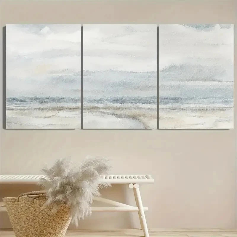 3pcs Beige & Grey Neutral Color Minimalist Serene Metal Print Ready to Hang Art - Bella Home Decor
