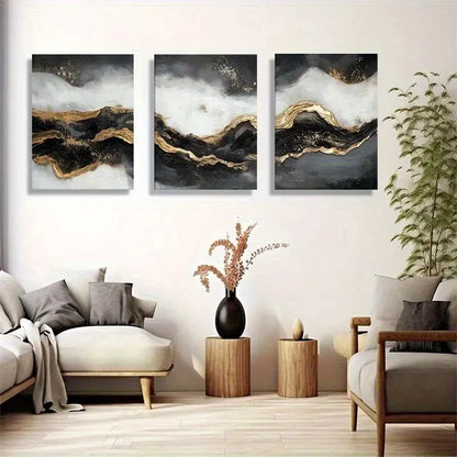 3pcs Abstract Golden and Black Wave Flowing Design Metal Print Ready to Hang Art - Bella Home Decor