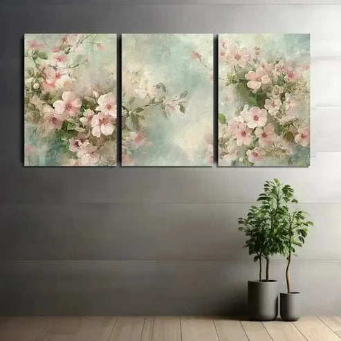 3pcs Vintage Floral Wallpaper Pastel Pink Wall Art Canvas Unframed - High Quality Print 100% Australian Made Wall Canvas