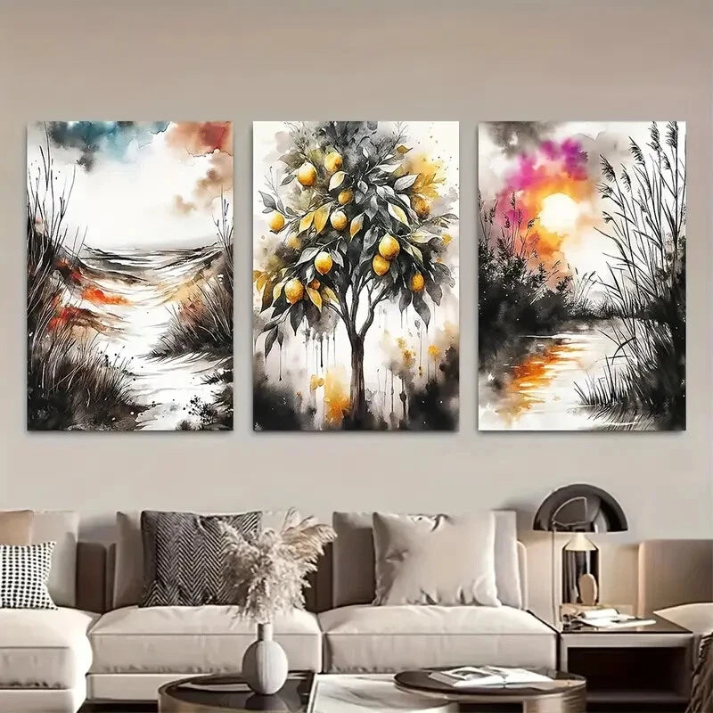 3pcs Abstract Lemon Tree Boho Nature Landscape Metal Print Ready to Hang Art - Bella Home Decor