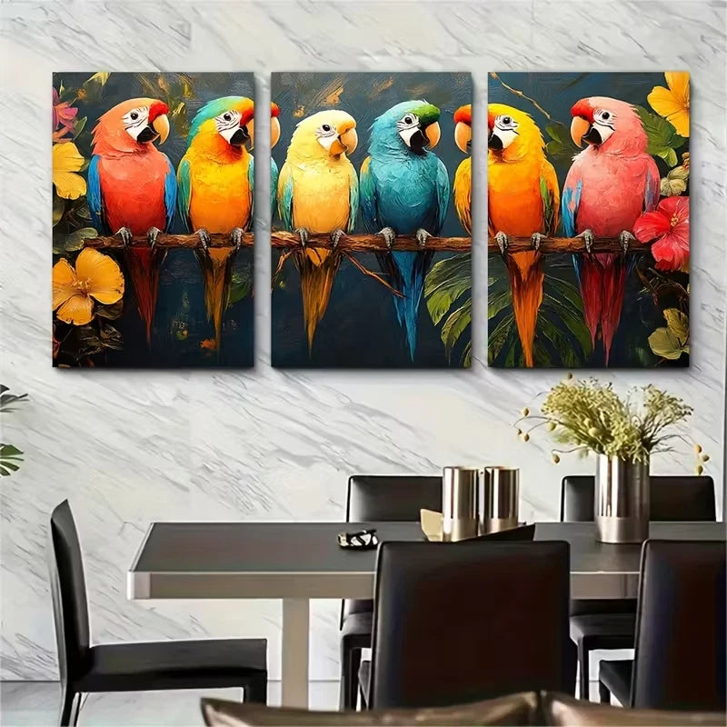3pcs Ara Parrots Oil Painting Metal Print Ready to Hang Art - Bella Home Decor