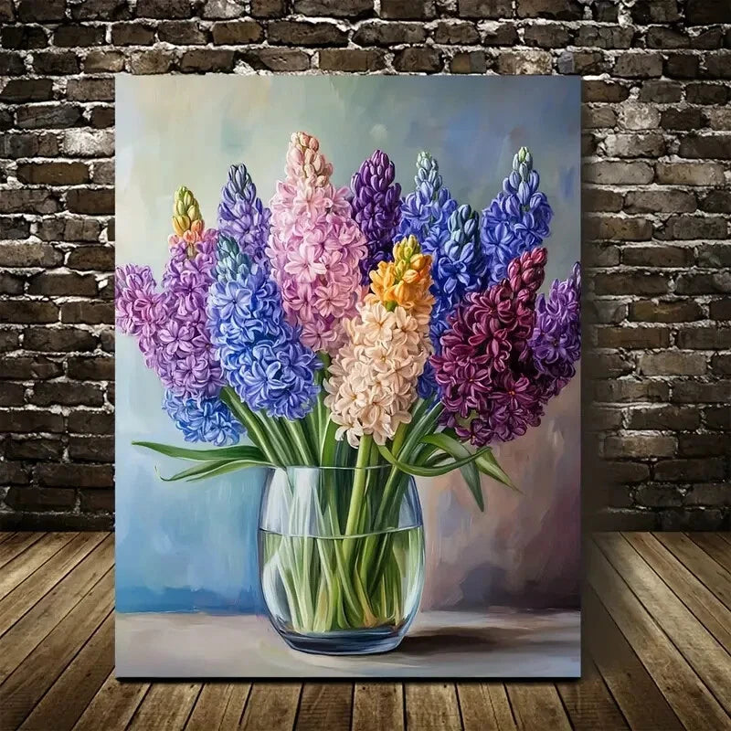 Beautiful Vibrant Hyacinths in Glass Vase Painting 40x60cm Metal Print Ready to Hang - Bella Home Decor
