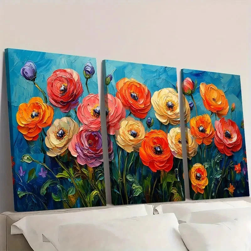 3pcs Ranunculus Floral Oil Painting WQ    Wall Art Set Canvas Framed 60x90cm - High Quality Print 100% Australian Made Wall Canvas Ready to Hang