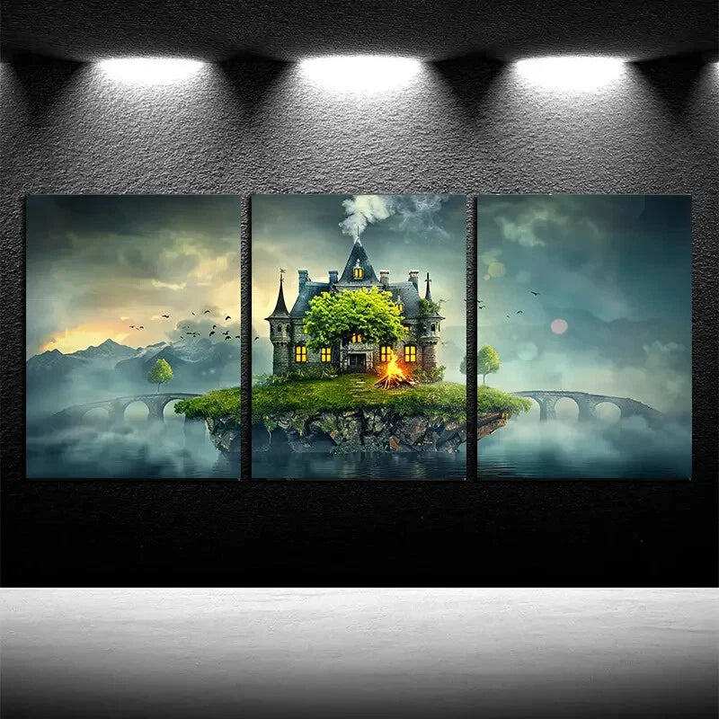 3pcs Castle Under The Beacon Fire Illustration Metal Print Ready to Hang Art