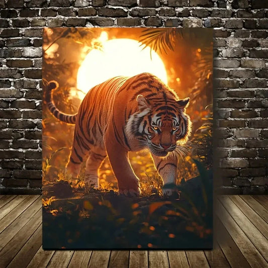 Tiger Sunset Scene Mystical Aura Painting 40x60cm Metal Print Ready to Hang