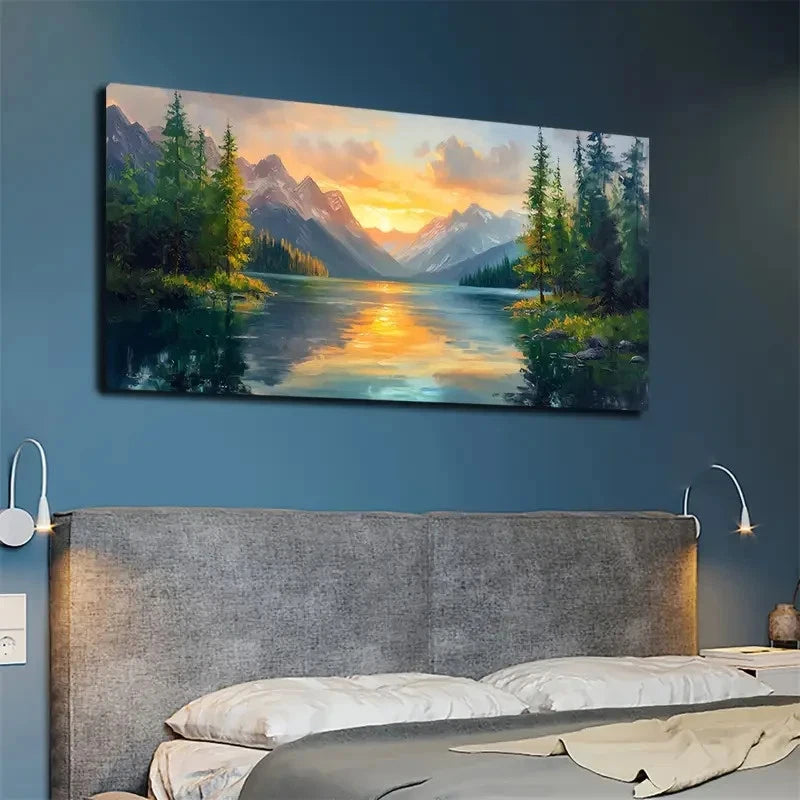 Painting of a mountain landscape with a lake on a wall above a bed.
