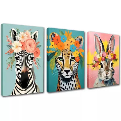3pcs Leopard Zebra Rabbit Pictures Funny Animals Wall Art Set Canvas Framed 50x70cm - High Quality Print 100% Australian Made Wall Canvas Ready to Hang