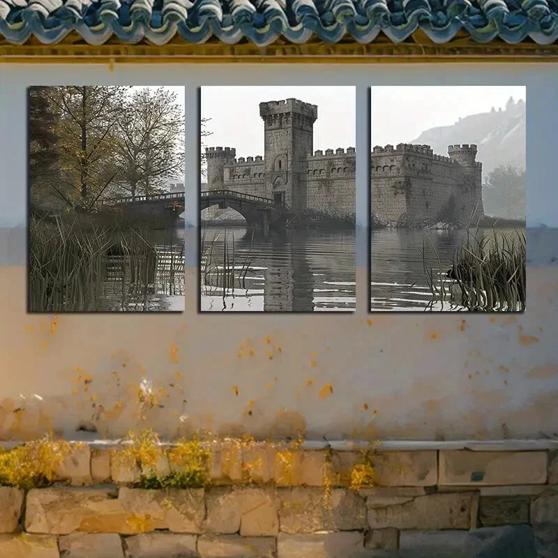 3pcs Castle Under The Beacon Fire Metal Print Ready to Hang Art