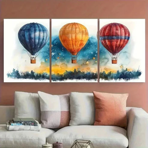 3pcs Hot Air Balloons Starry Sky Watercolour Wall Art Canvas Unframed - High Quality Print 100% Australian Made Wall Canvas