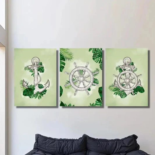 3pcs helm and anchor on plant leaves Metal Print Ready to Hang Art