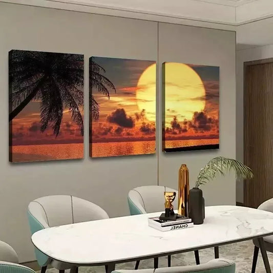 3pcs Sunset Palm Trees Boat Wall Art Set Canvas Framed 50x70cm - High Quality Print 100% Australian Made Wall Canvas Ready to Hang