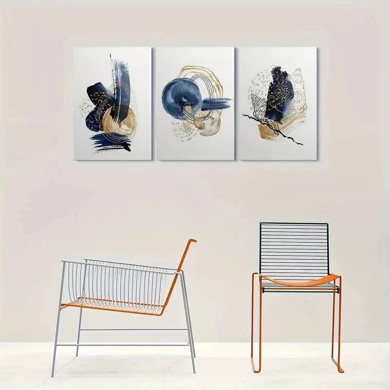 3pcs Abstract Blue and Golden Themed Metal Print Ready to Hang Art - Bella Home Decor
