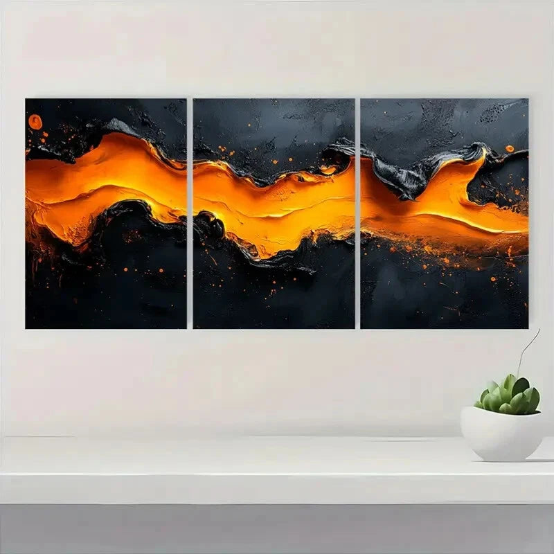 3pcs Black and Orange Acrylic Painting Metal Print Ready to Hang Art - Bella Home Decor