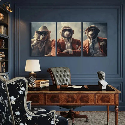3pcs Stylish Monkeys in Suits Fashion Glasses Metal Print Ready to Hang Art