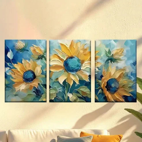 3pcs a Painting of Sunflowers in Blue and Yellow Wall Art Set Canvas Unframed - High Quality Print 100% Australian Made Wall Canvas