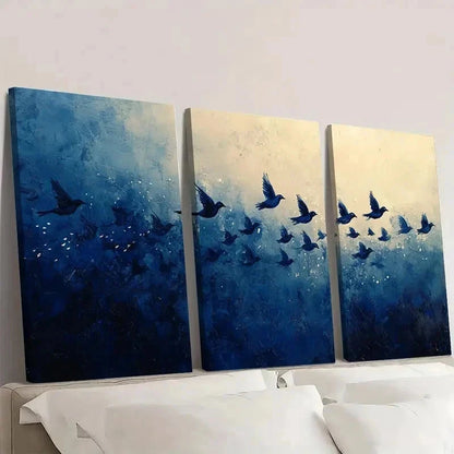 3pcs Abstract Navy Blue Bird Flock LO   Wall Art Set Canvas Framed 60x90cm - High Quality Print 100% Australian Made Wall Canvas Ready to Hang - Bella Home Decor