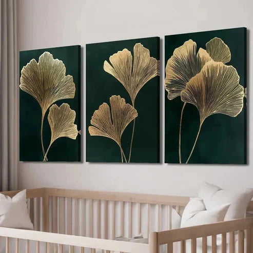 3pcs Emerald Green Golden Ginkgo Leaf Wall Art Set Canvas Unframed - High Quality Print 100% Australian Made Wall Canvas