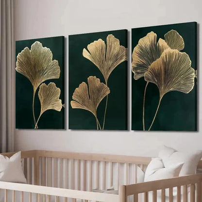 3pcs Emerald Green Golden Ginkgo Leaf Wall Art Set Canvas Unframed - High Quality Print 100% Australian Made Wall Canvas