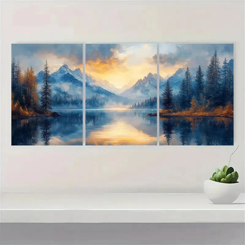 3pcs Serene Alpine Lake Earthy Tones & Sapphire Metal Print Ready to Hang Art