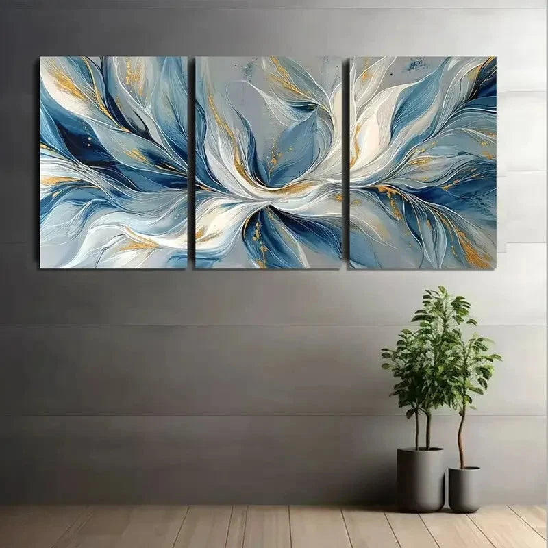 3pcs White and Blue Leaves Flowing Abstract Metal Print Ready to Hang Art - Bella Home Decor