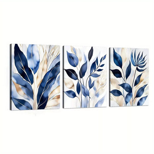 3pcs Botanical Abstract Elegant Blue Leaves Wall Art Set Canvas Framed 50x70cm - High Quality Print 100% Australian Made Wall Canvas Ready to Hang