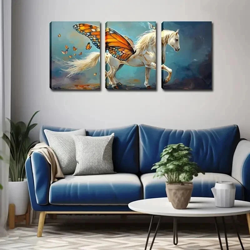 3pcs Horse With Butterfly Wings Blue Perfect Wall Art Set Canvas Framed 50x70cm - High Quality Print 100% Australian Made Wall Canvas Ready to Hang - Bella Home Decor